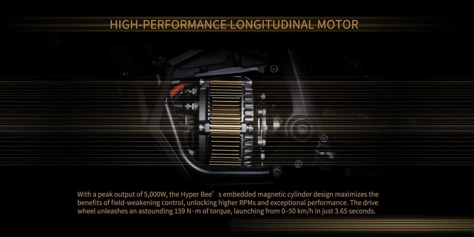 hyperbee High-performance longitudinal motor with text on a dark background