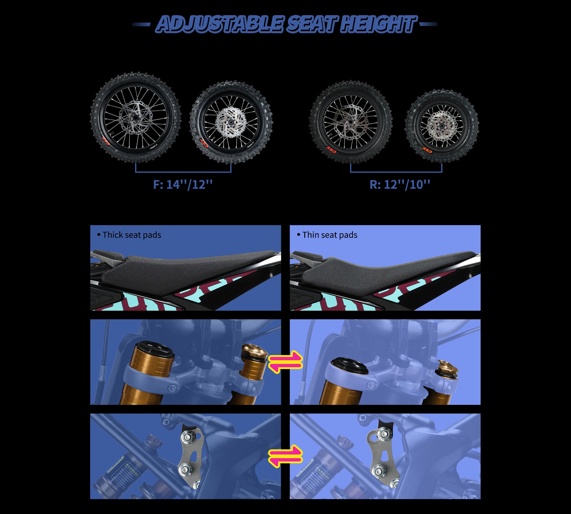 Diagram showing hyperbee motorcycle adjustable seat height options with wheels and seat pads.