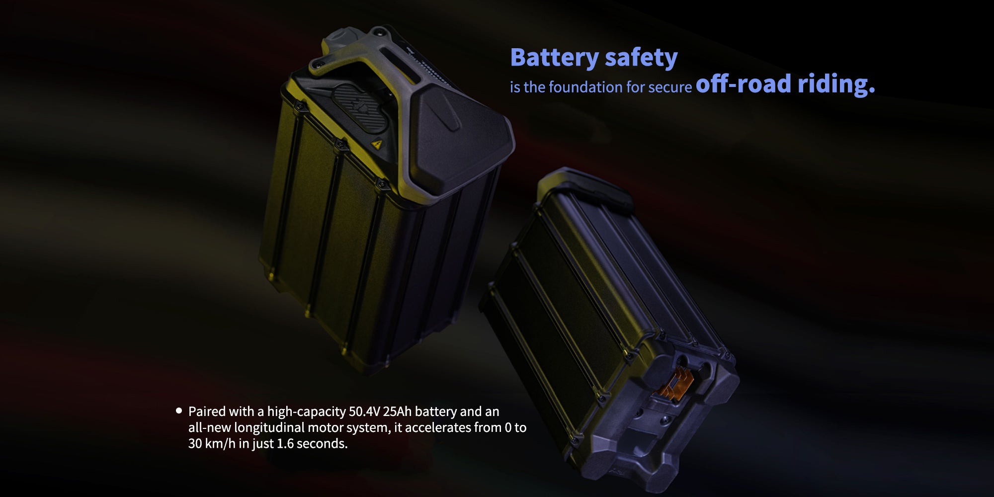 Two off-road vehicle batteries with text about battery safety and performance for hyperbee on a dark background.