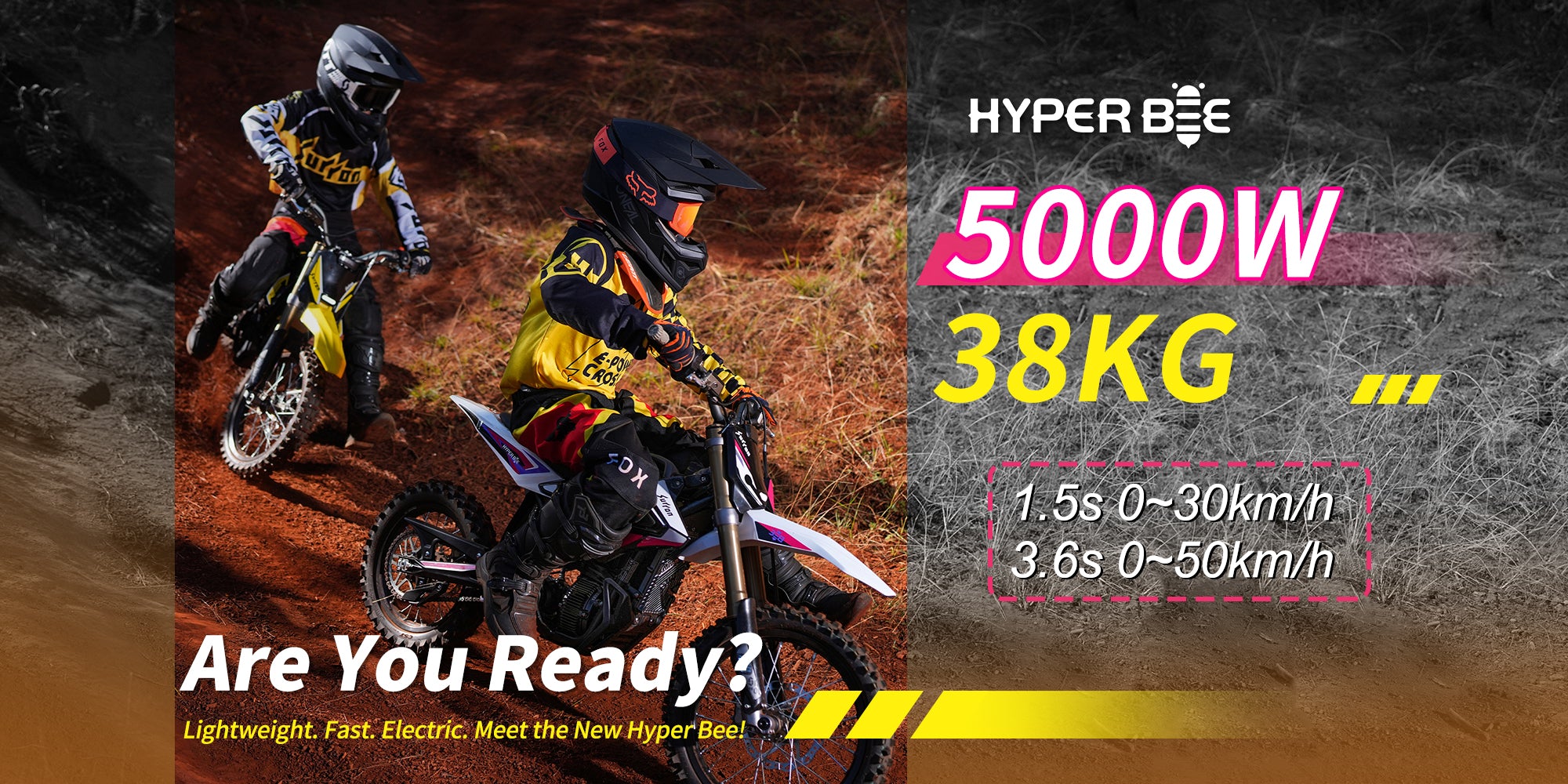 Two children on surron hyperbee electric dirt bikes motorcycle with surron branding and product specifications.