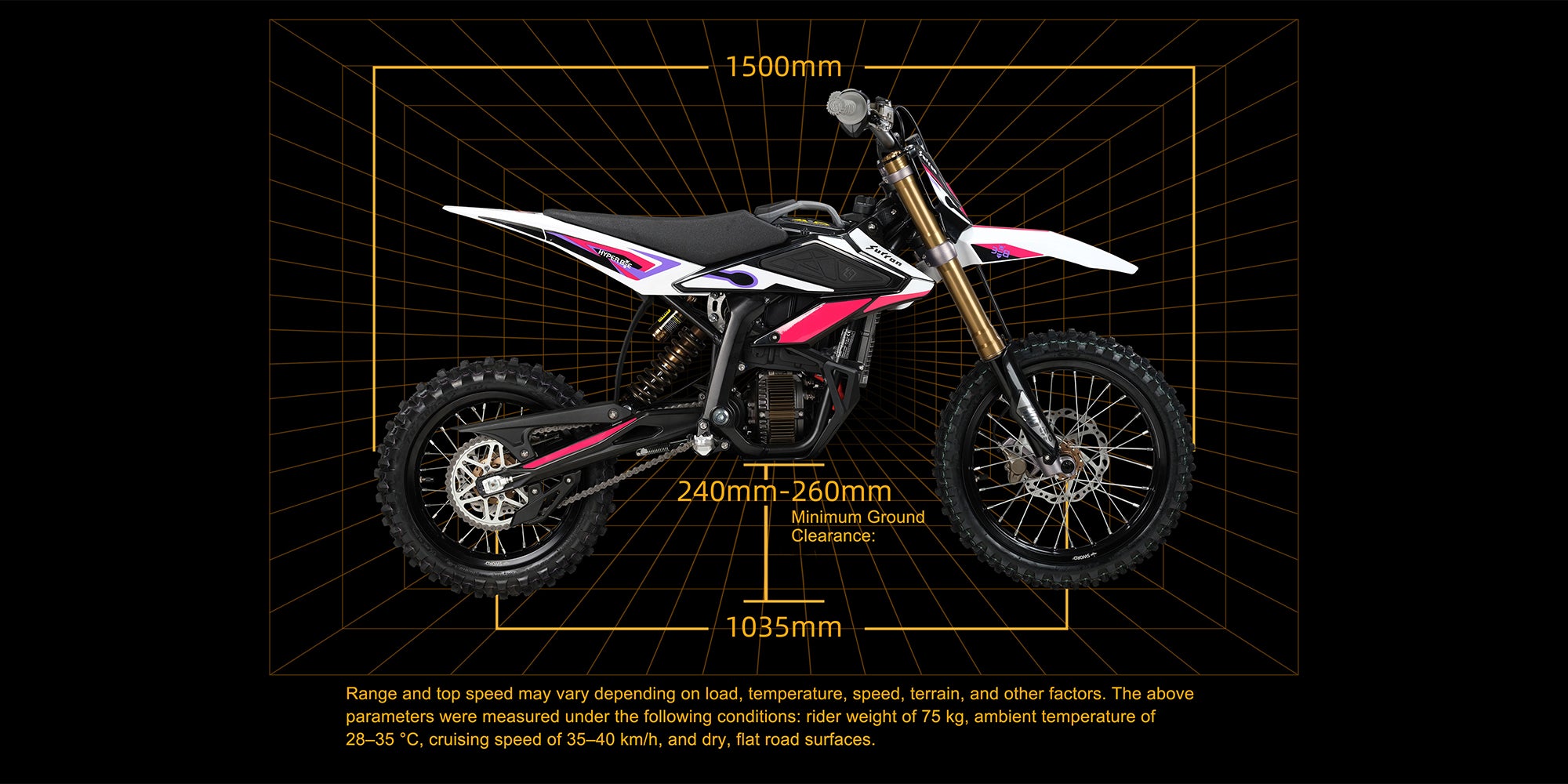 hyperbee Motorcycle with measurement details on a black background