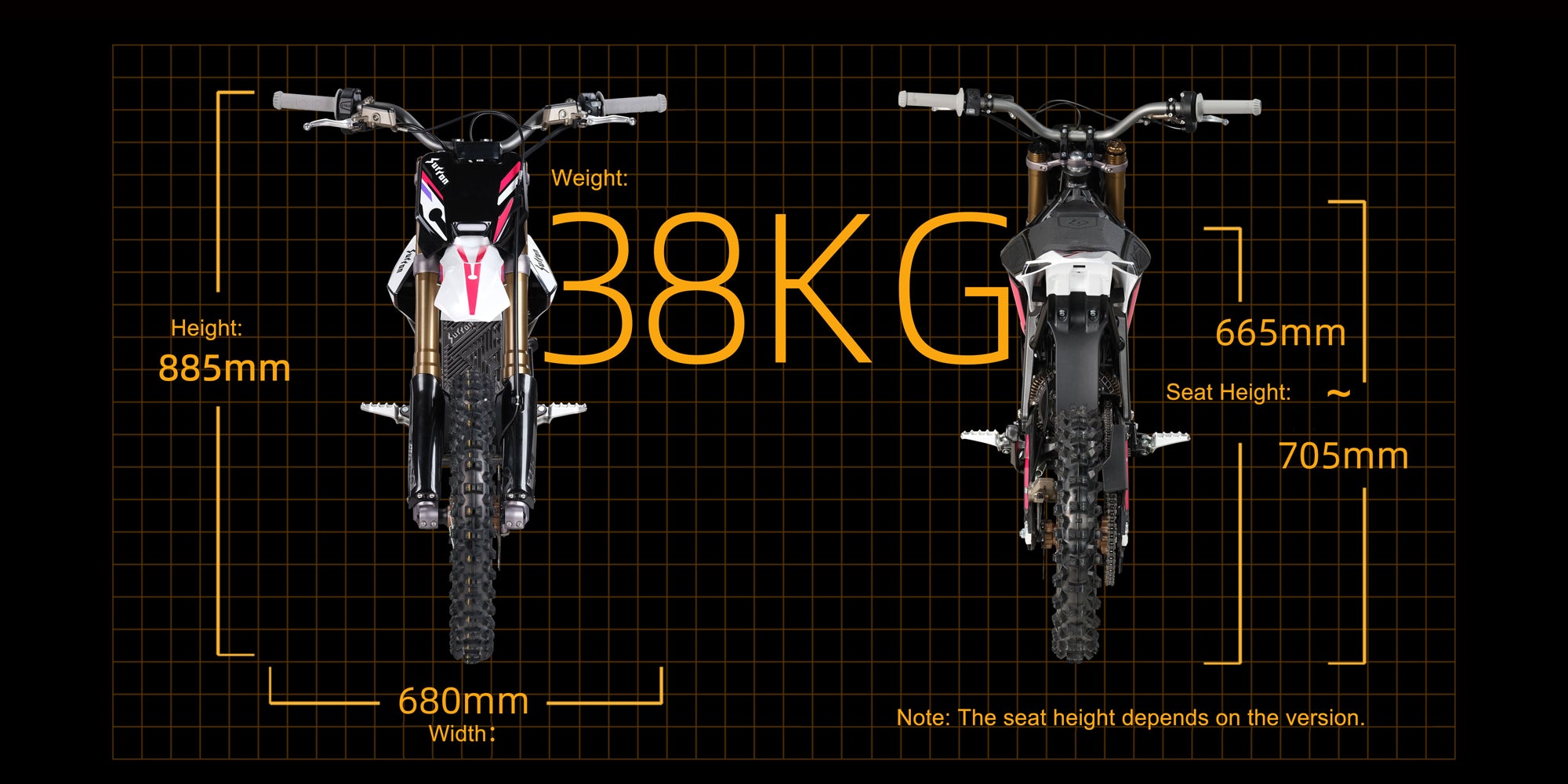 Technical specifications of a hyperbee motorcycle displayed on a black background with measurements and weight.