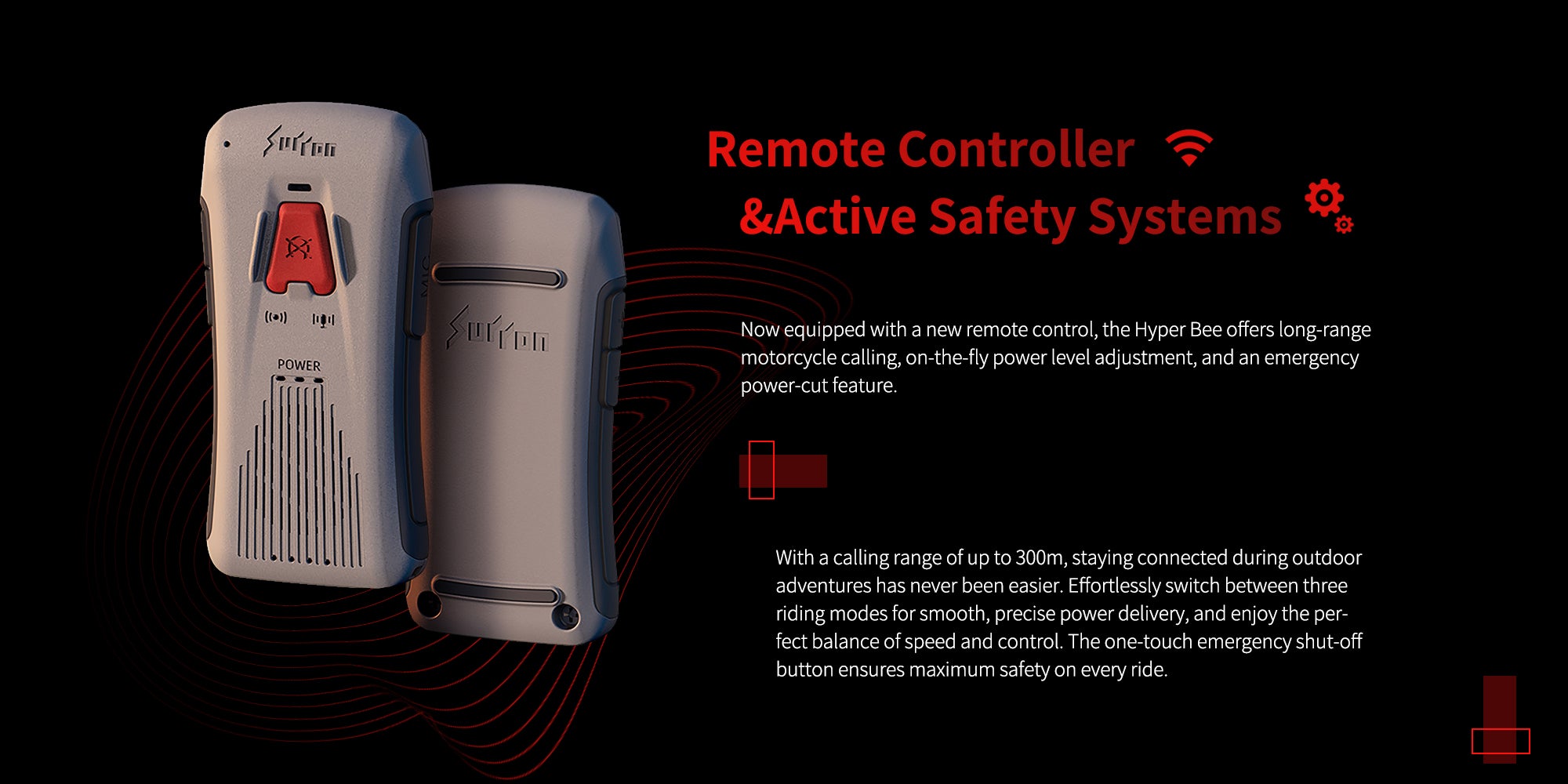 Two hyperbee remote controllers with text about remote control and active safety systems on a dark background