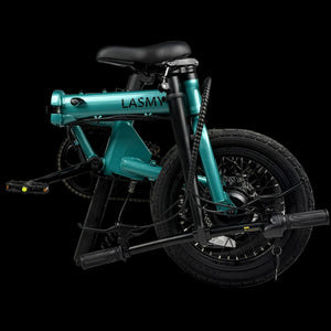 Teal and black folding bike with 'LASMY' branding on a white background