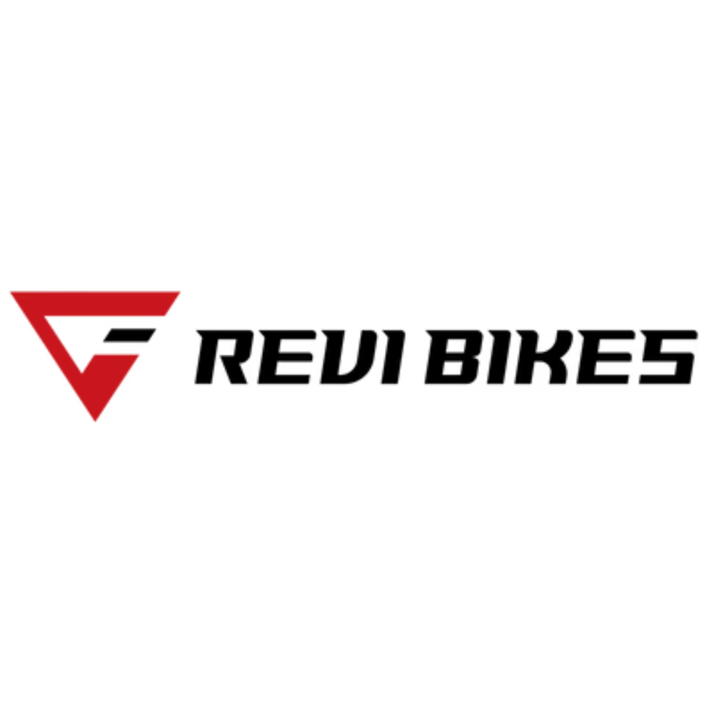 REVI BIKES logo with a red triangle and black text on a white background