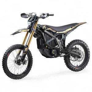 surron ultrabee Electric dirt bike with gold and black design on a white background