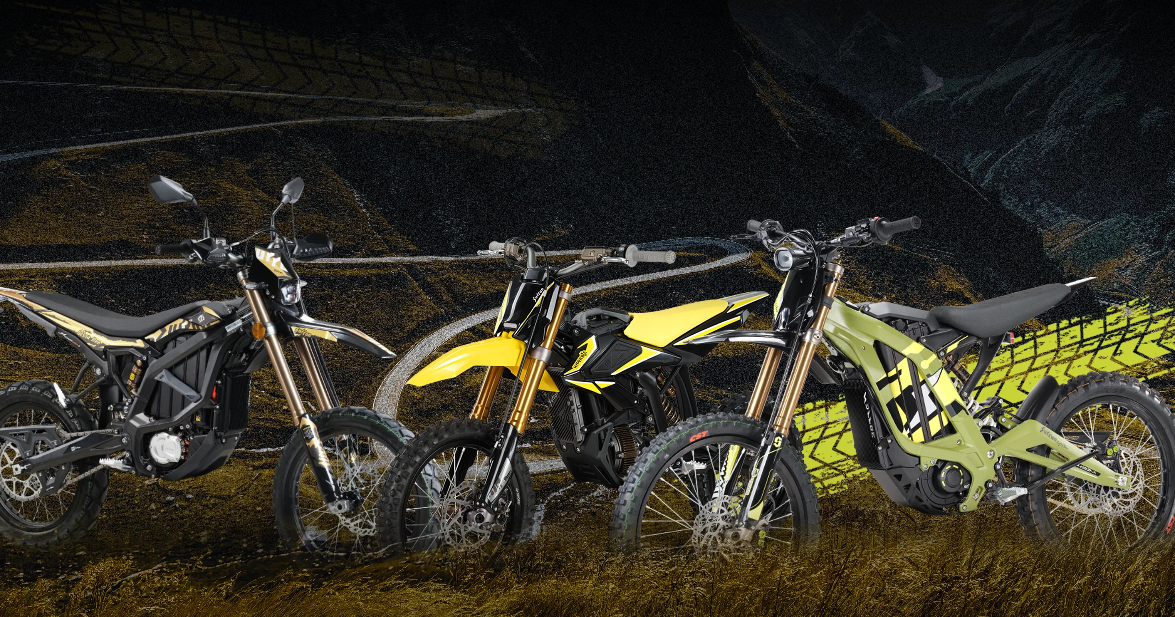 Three surron dirt bikes in a row on a dark background