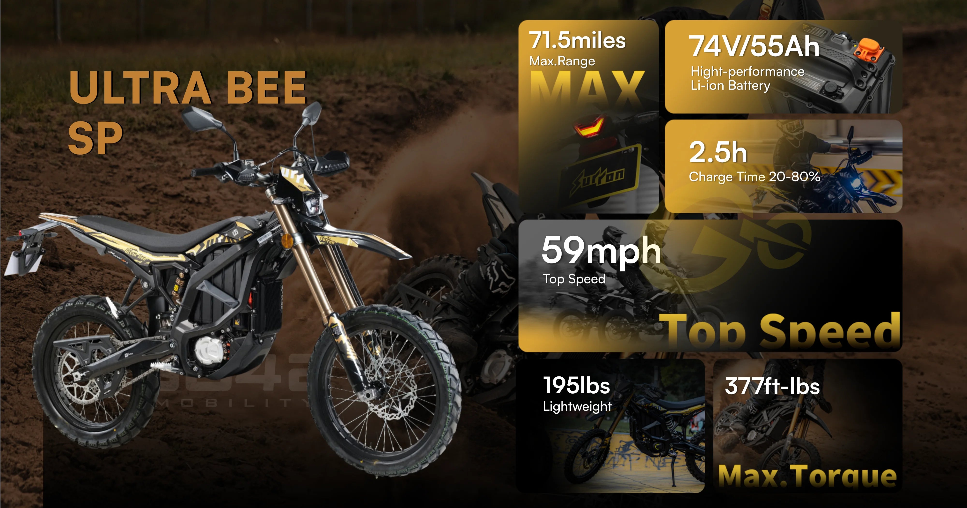 surron ultra bee Motorcycle with specifications displayed on a dark background