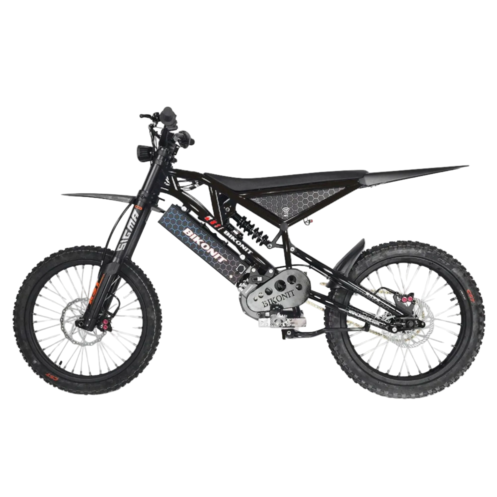 A Bikonit Raptor BK-28 electric dirt bike with a black, white, and orange color scheme.