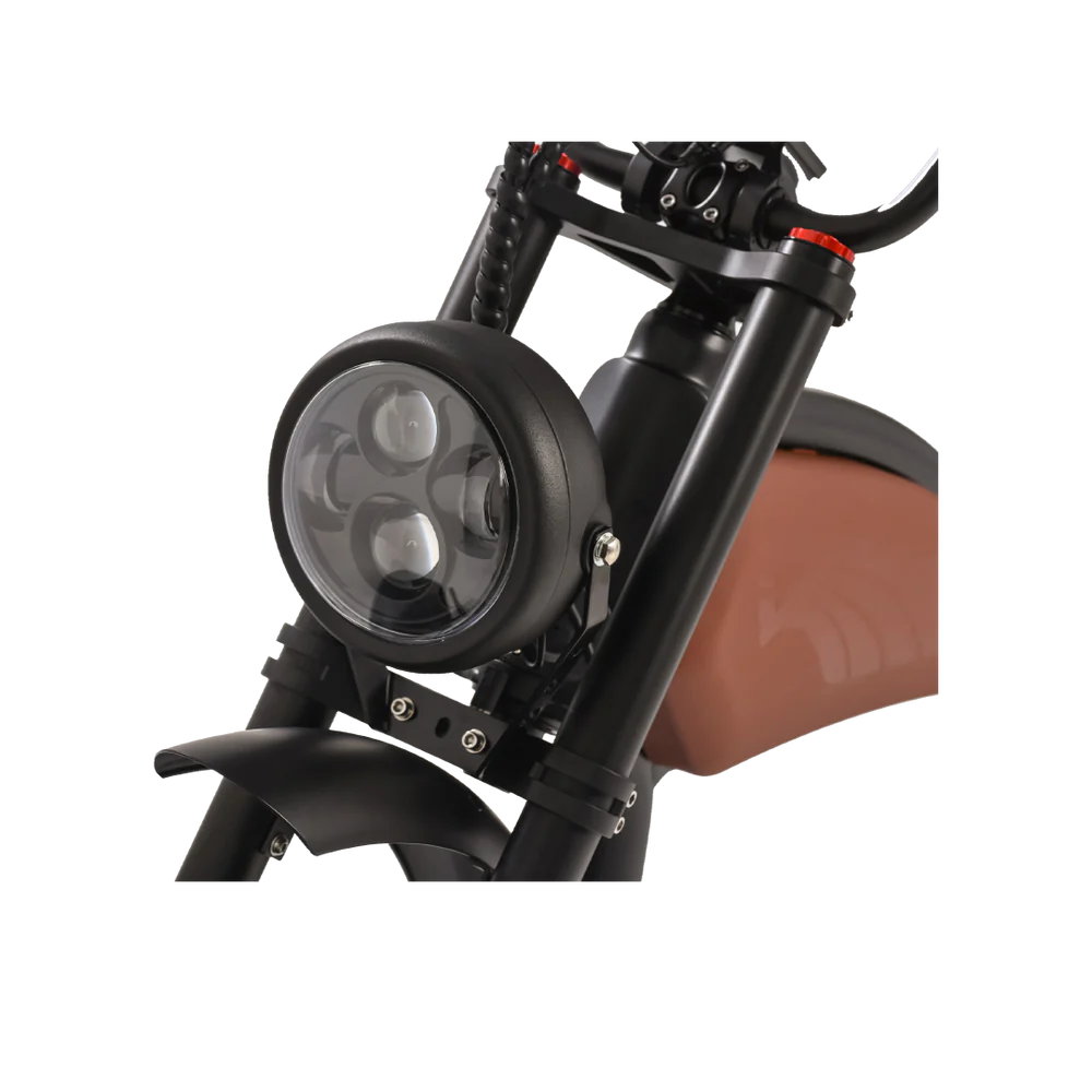 Close-up of a black electric bike with a brown seat on a white background