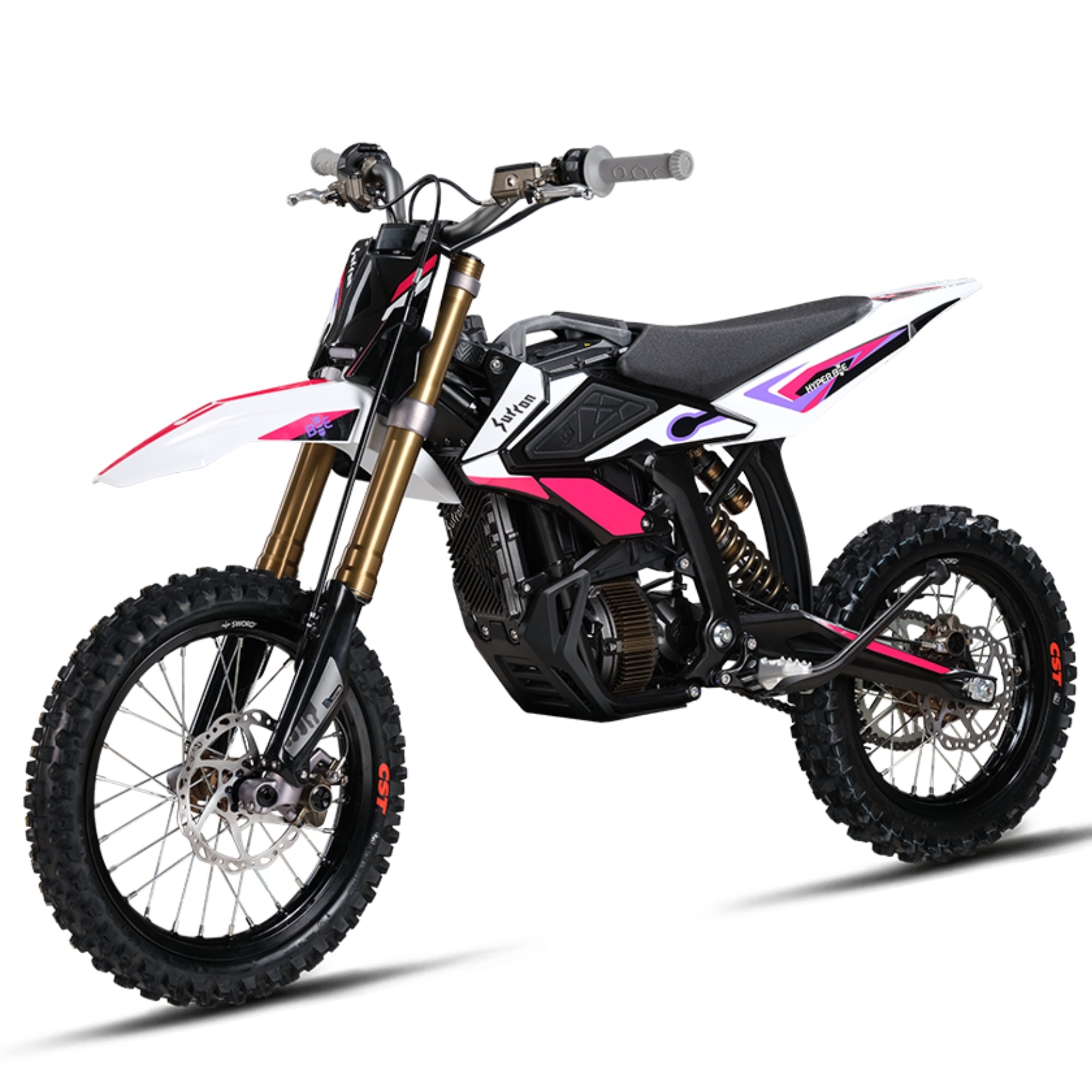 surron hyperbee Black and pink dirt bike on a white background