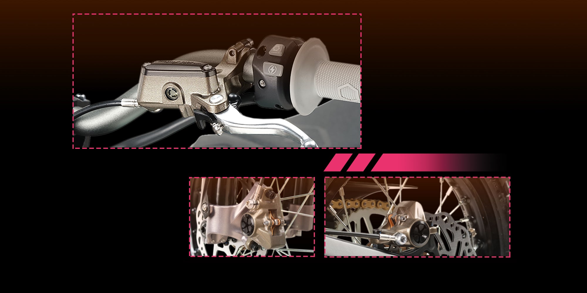 hyperbee Close-up of motorcycle handlebar and suspension system with inset images on a dark background