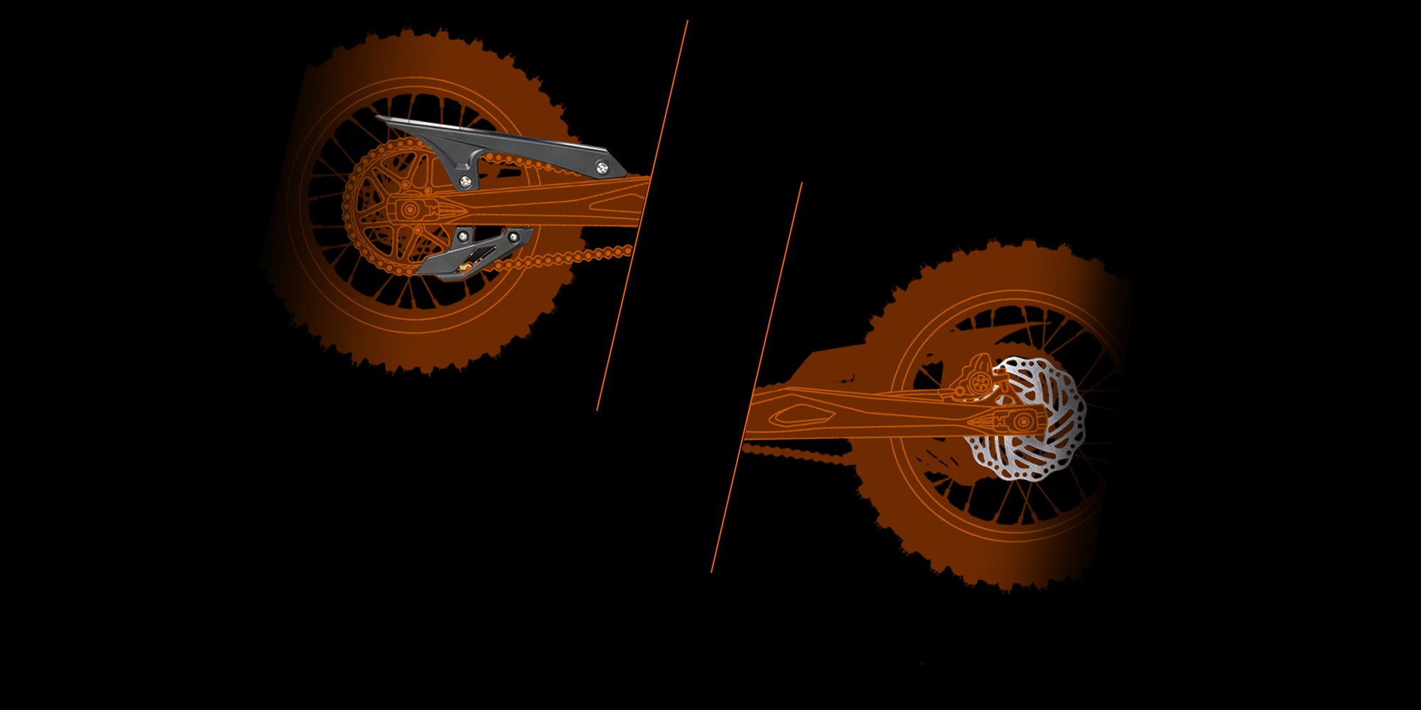 Orange hyperbee dirt bike brake sets on a black background