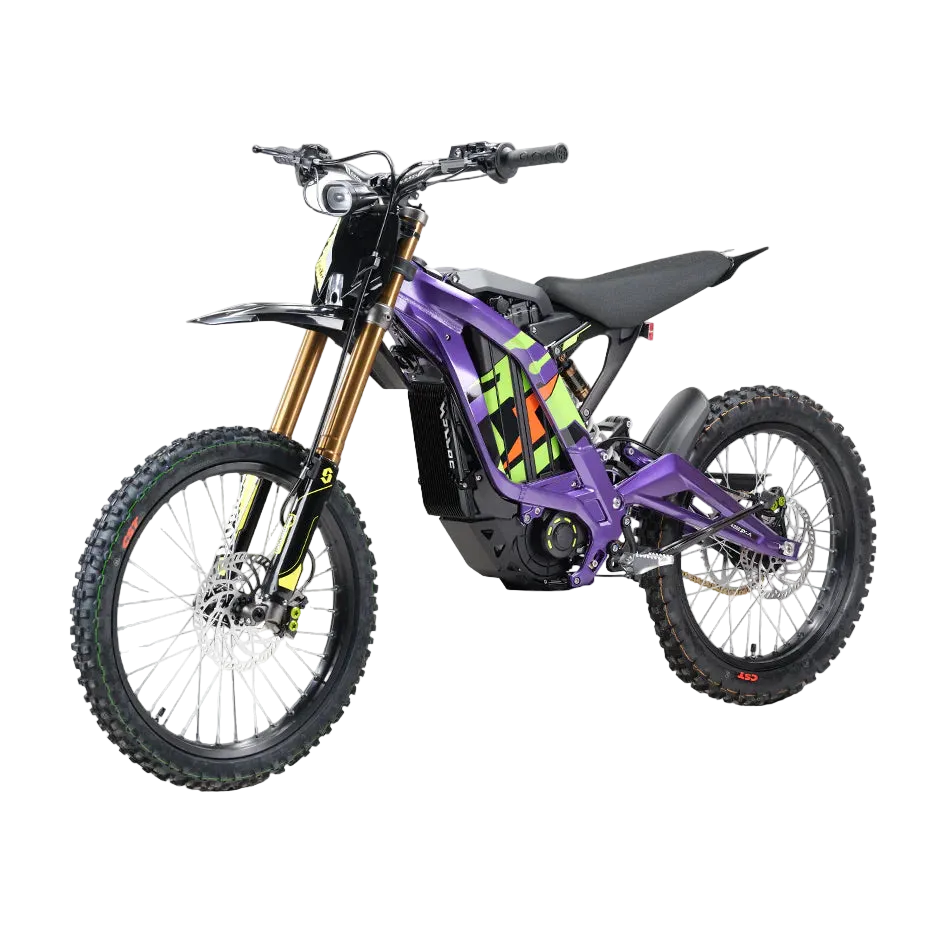 Purple electric bike with black and green accents on a white background