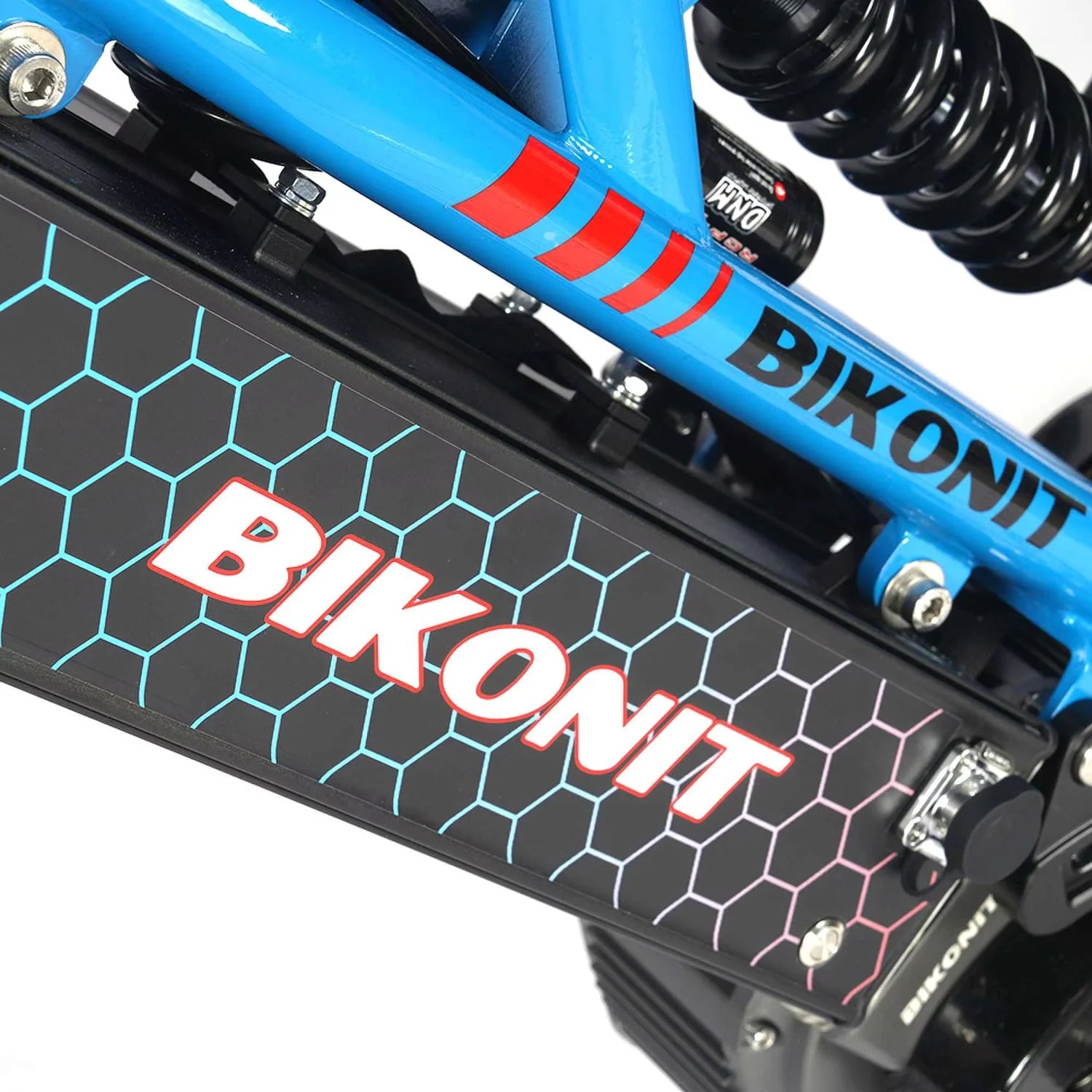 Close-up of a blue bicycle frame with 'BIKONIT' branding on a black background