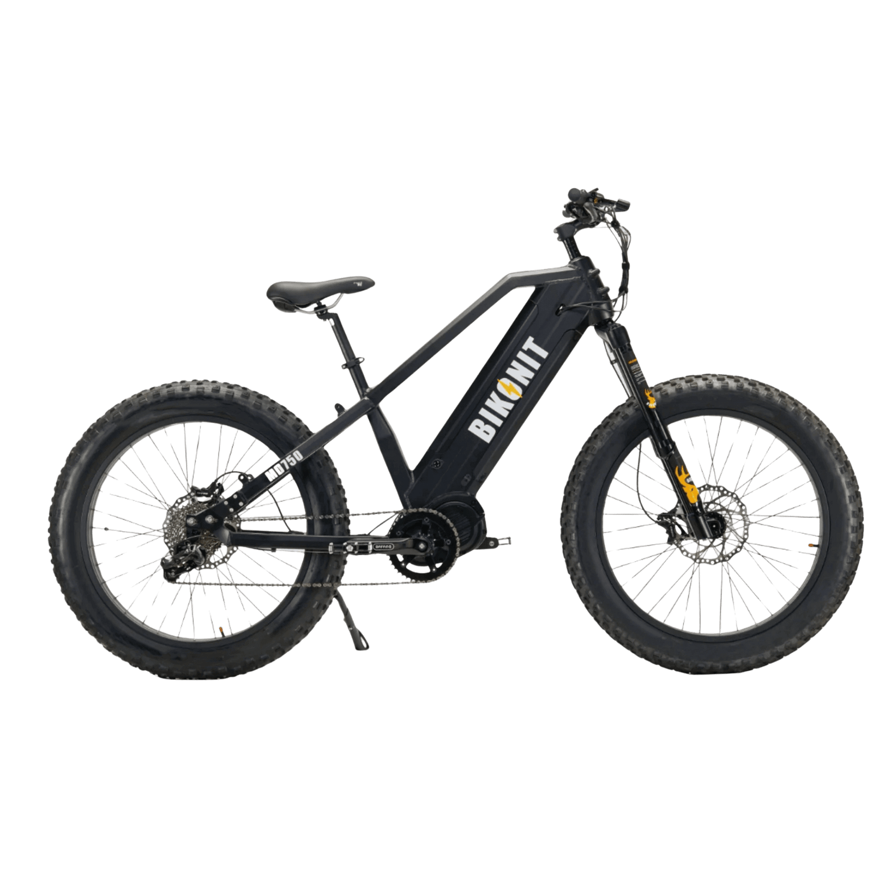 Black electric bike with 'BIKONIT' branding on a transparent background
