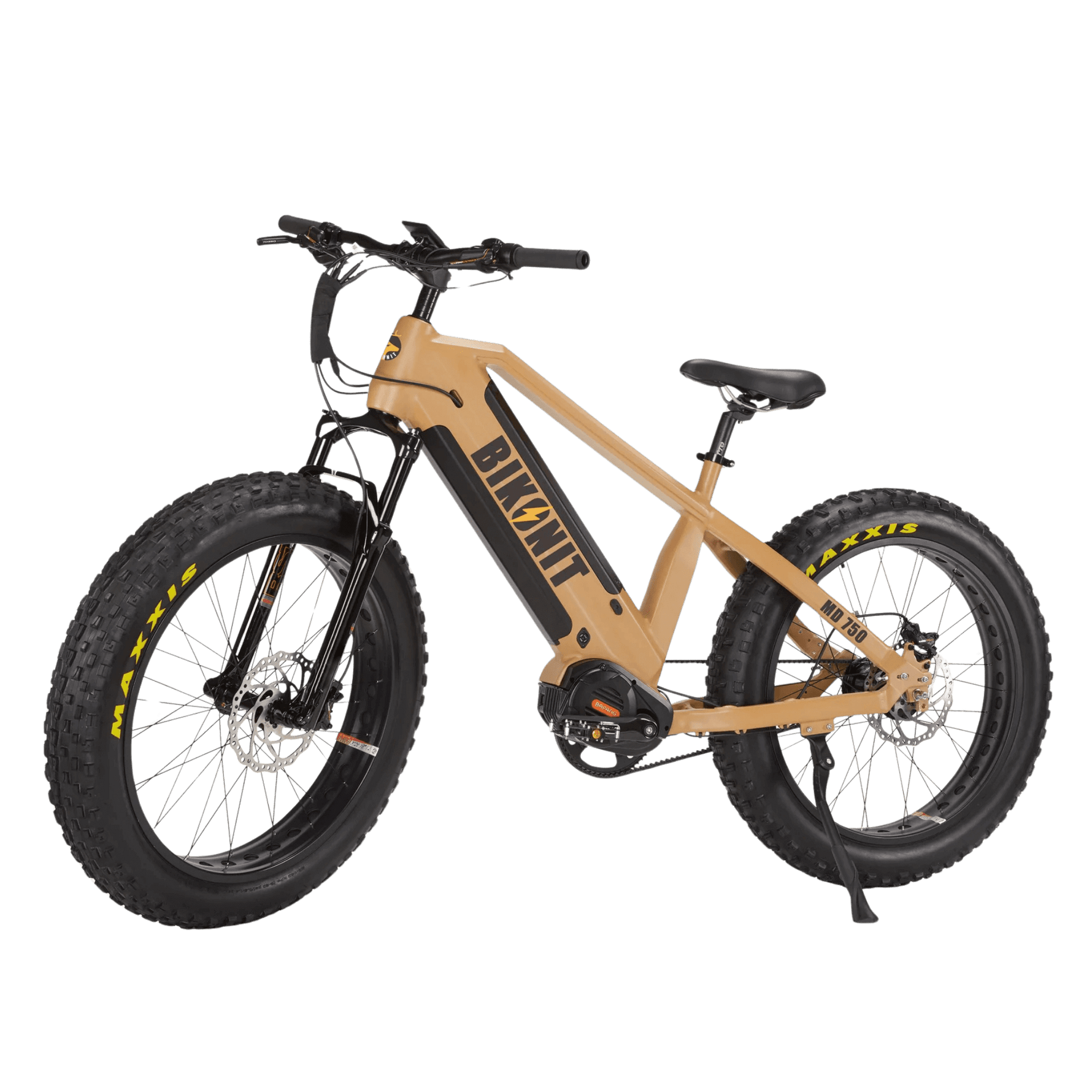 Beige electric bike with black components on a white background