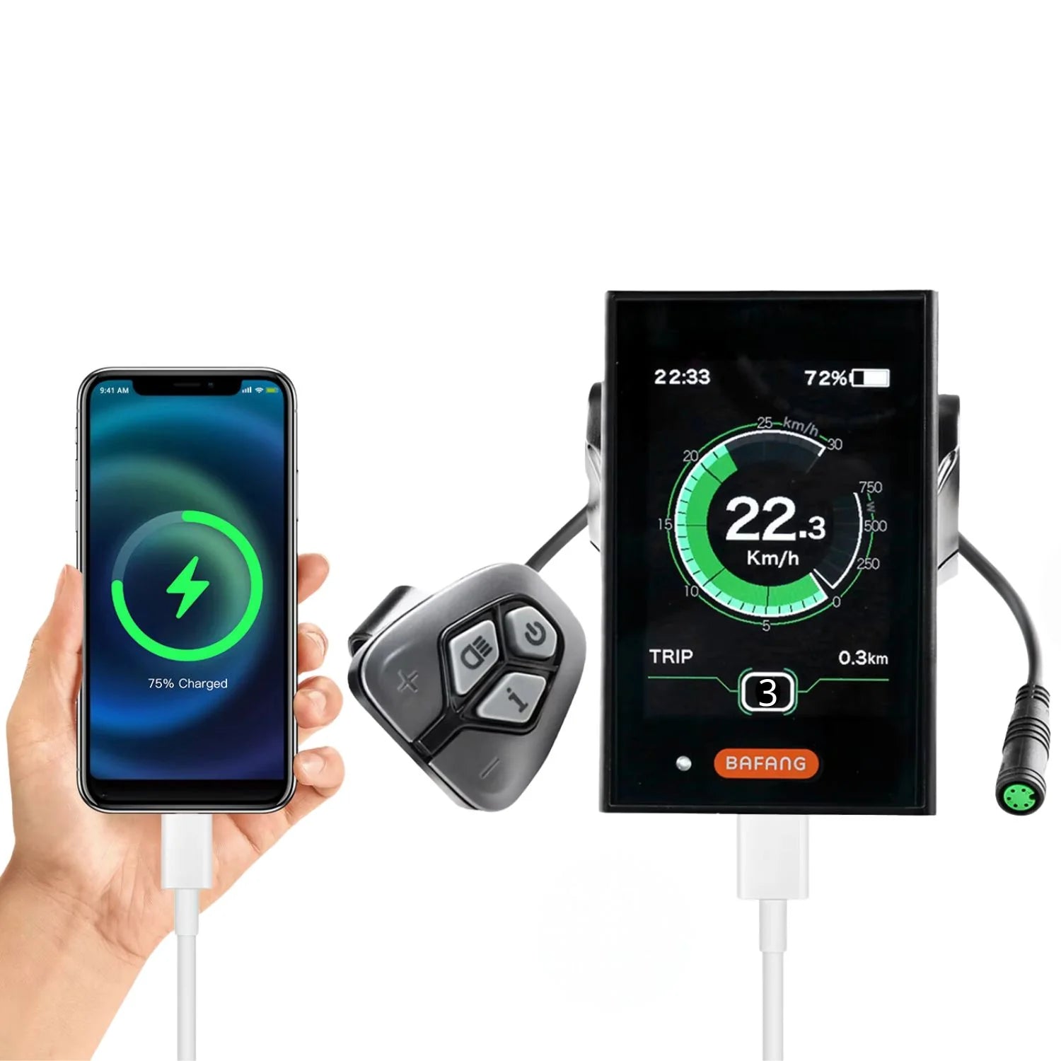 Smartphone displaying charging progress, remote control, and electronic device with digital display on a white background