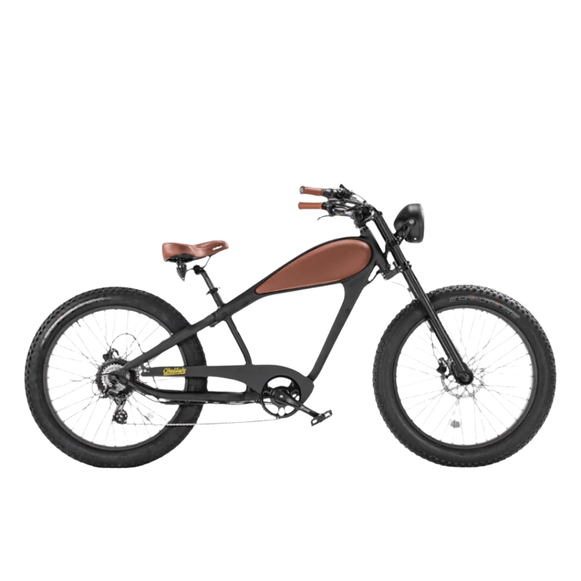 revi cheetah Black vintage electric bike with brown seat on a transparent background