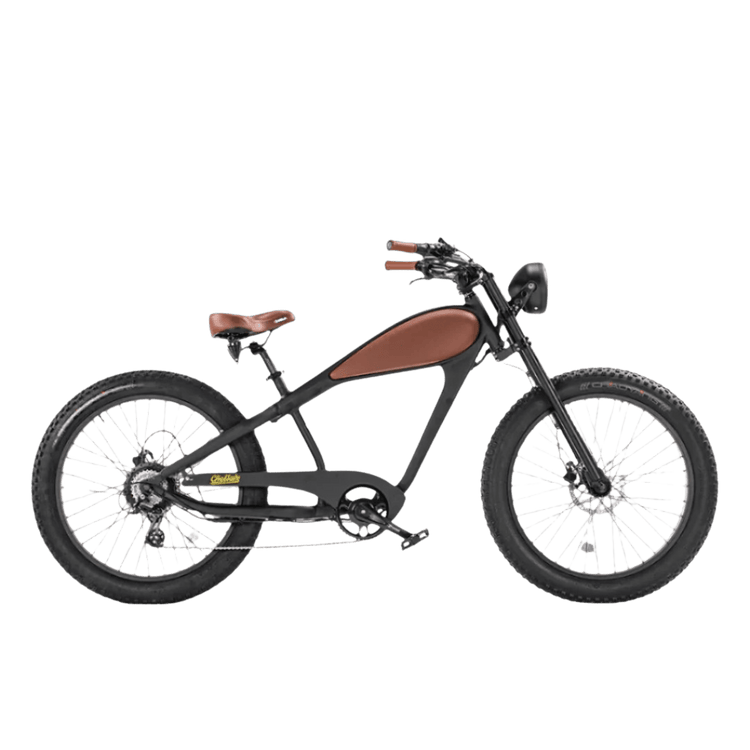 revi cheetah Black vintage electric bike with brown seat on a transparent background