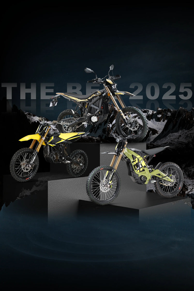 three surron dirt bikes on a dark background with 'THE BEST 2025' text.