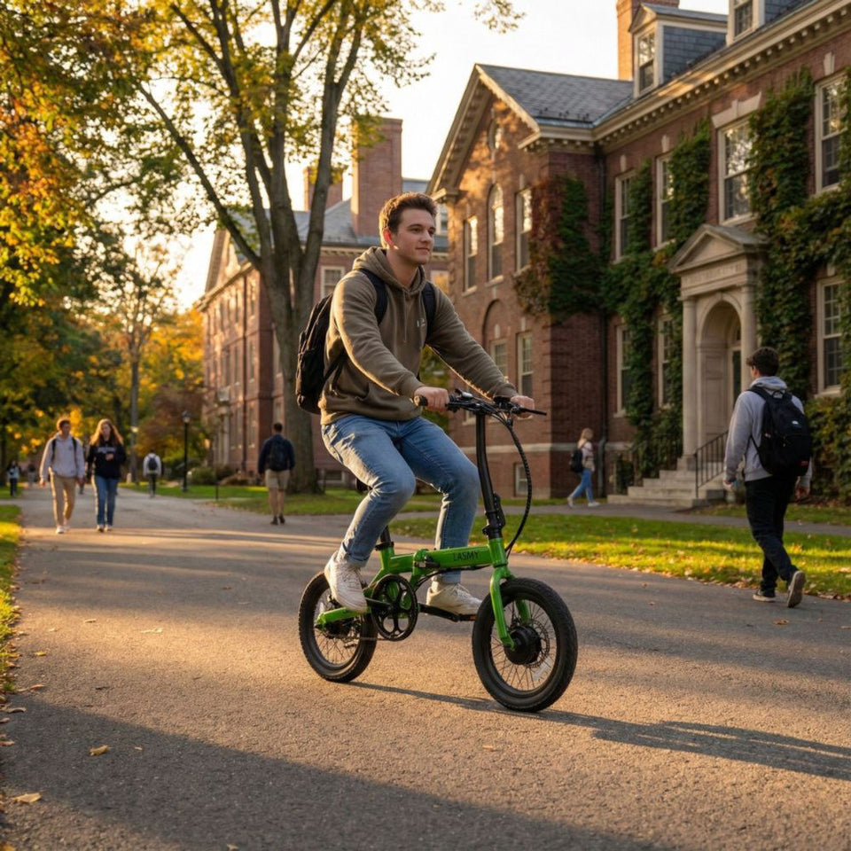 Person riding a green scooter on a path with a building and trees in the background