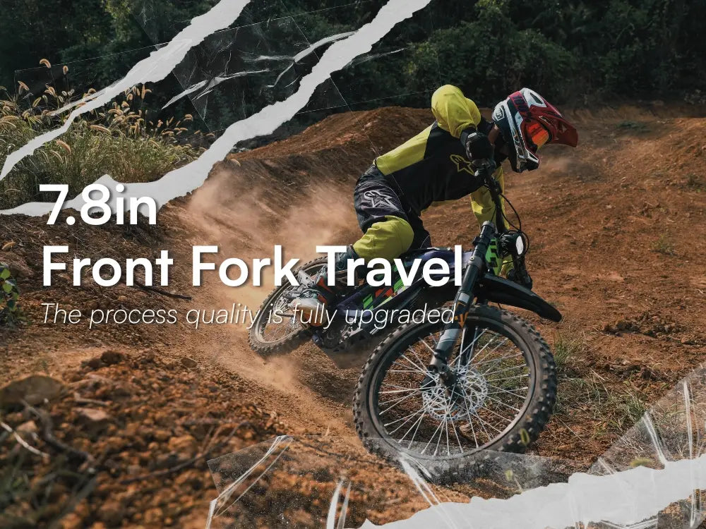Person riding a surron lightbee dirt bike on a trail with text about front fork travel.