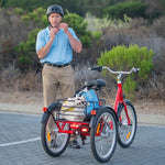old man nearby a red cargo electric tricycle