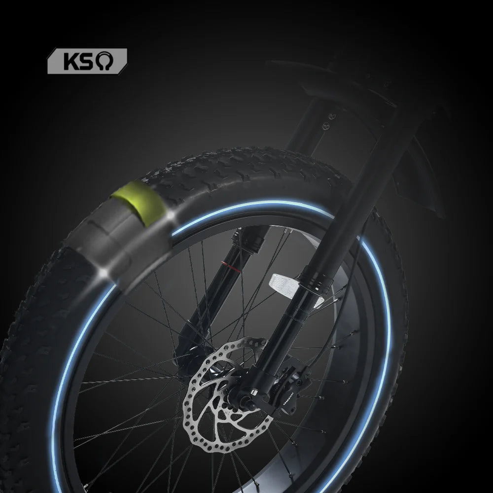 Close-up of a bicycle wheel with a dark background and KSO logo.