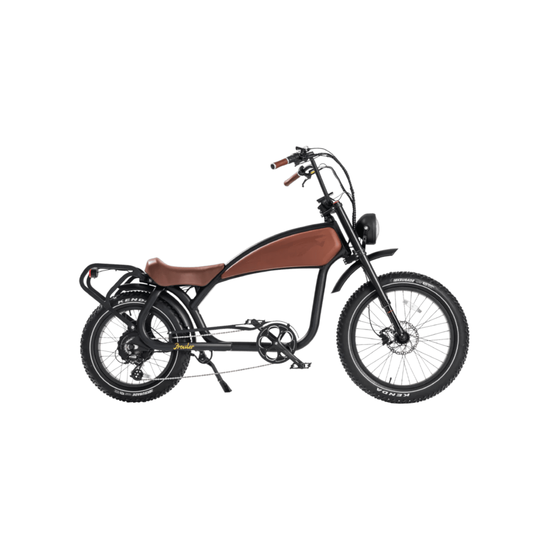 Small vintage electric bike with a brown seat on a transparent background