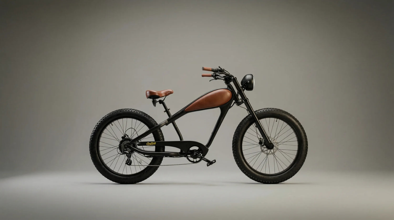 Electric bike with brown leather accents on a gray background