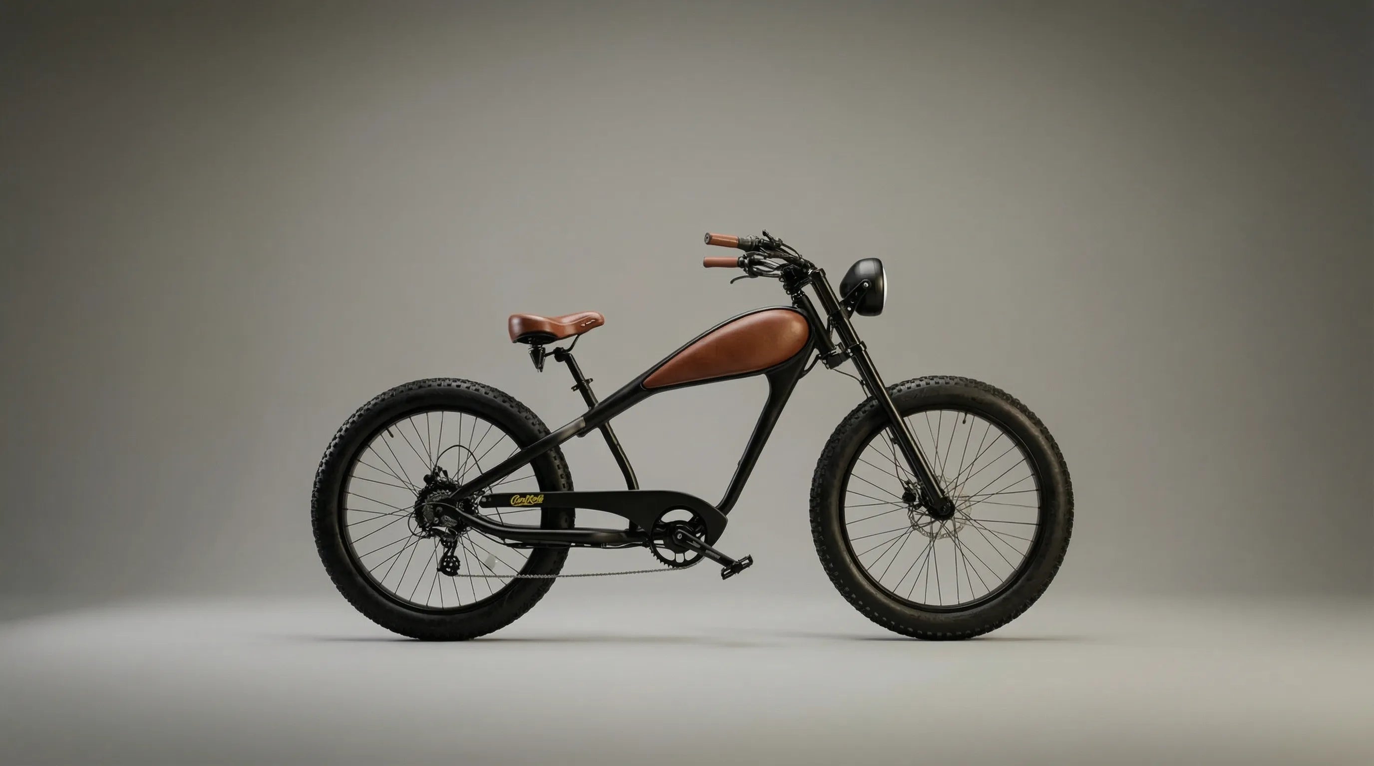 Electric bike with brown leather accents on a gray background