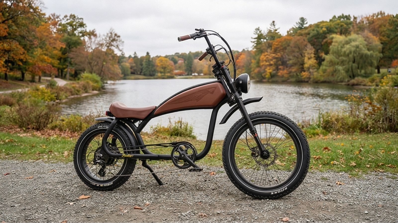 Electric bike parked on a path near a lake with trees displaying autumn colors.