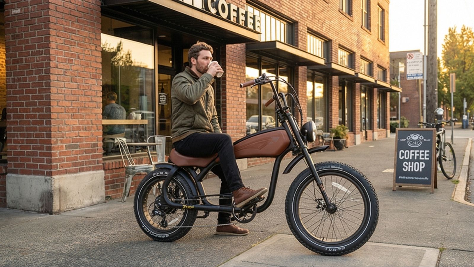 Man sitting on a vintage-style electric bike outside a coffee shop.