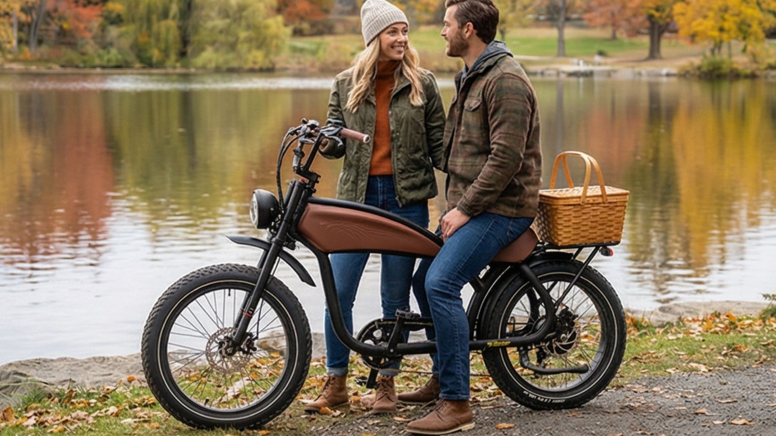 Two people standing next to an electric bike by a lake with autumn foliage.