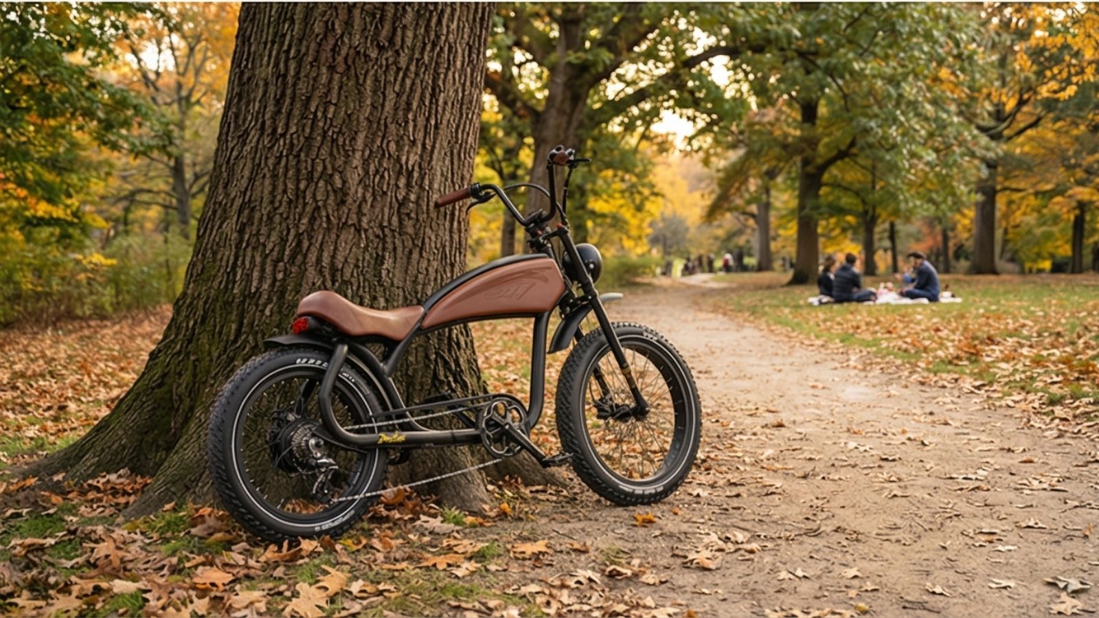 Bicycle leaning against a tree in a park with people sitting in the background