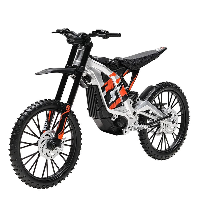Model dirt bike with black, silver, and orange design on a white background