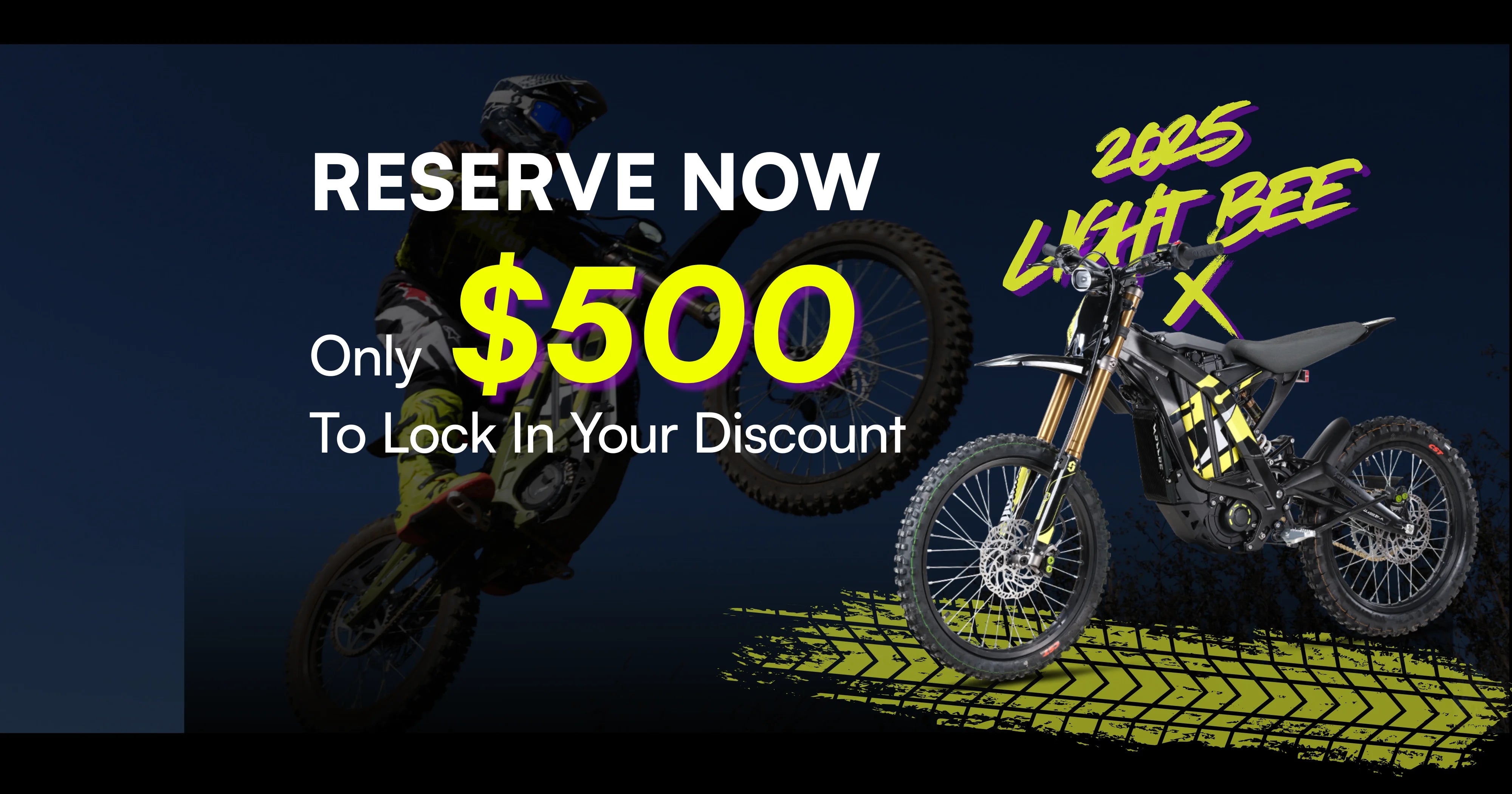 Promotional image of a surron lightbee dirt bike with text encouraging reserve now and a discount offer.