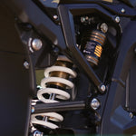 Close-up of a motorcycle suspension system with a blurred background