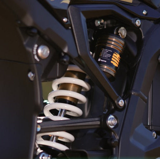 Close-up of a motorcycle suspension system with a blurred background